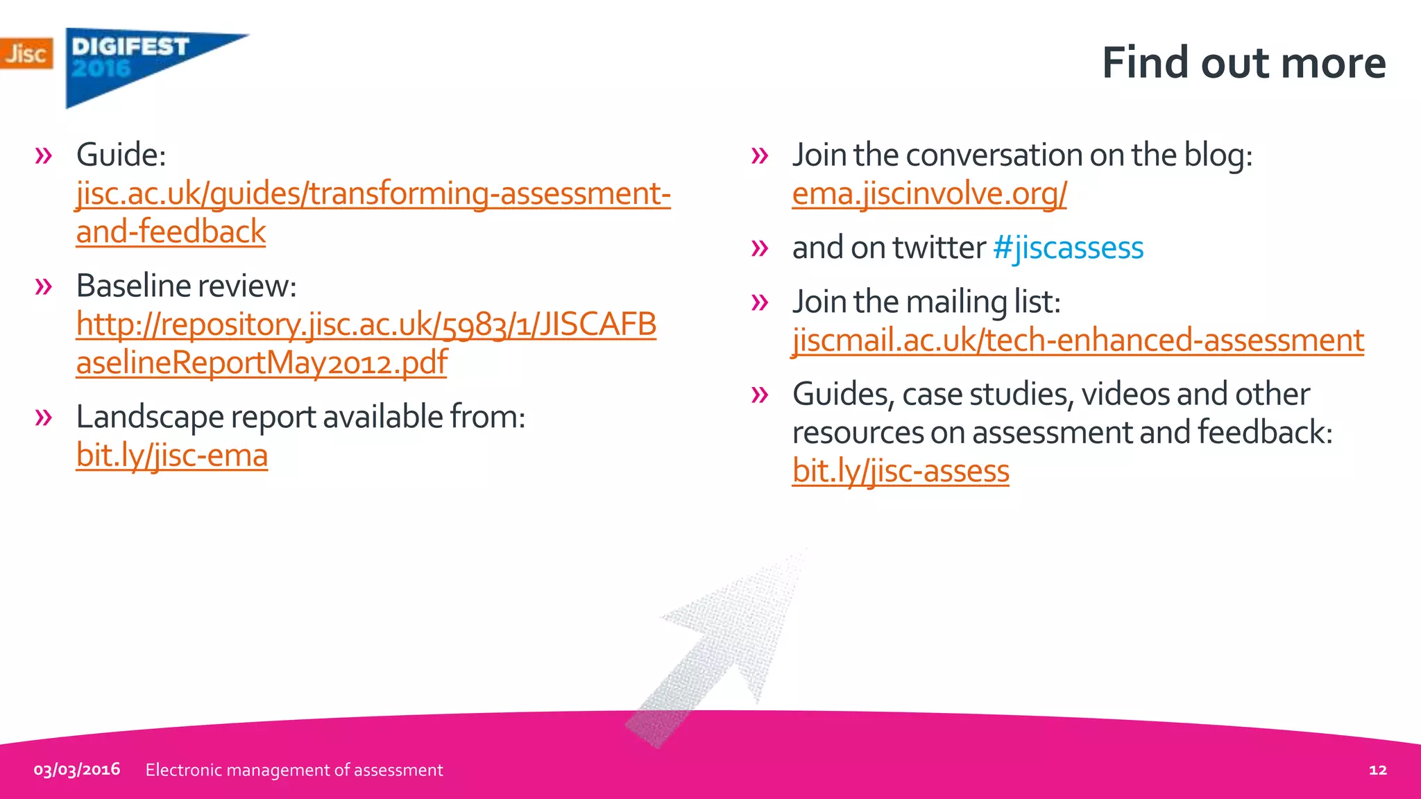 Find out more
» Guide:
jisc.ac.uk/guides/transforming-assessment-
and-feedback
» Baselinereview:
http://repository.jisc.ac.uk/5983/1/JISCAFB
aselineReportMay2012.pdf
» Landscapereportavailablefrom:
bit.ly/jisc-ema
» Jointheconversationontheblog:
ema.jiscinvolve.org/
» and ontwitter#jiscassess
» Jointhemailinglist:
jiscmail.ac.uk/tech-enhanced-assessment
» Guides,casestudies,videosand other
resourcesonassessmentand feedback:
bit.ly/jisc-assess
03/03/2016 Electronic management of assessment 12
 