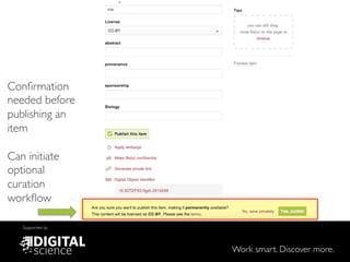 Work smart. Discover more.
Supported by
Conﬁrmation
needed before
publishing an
item!
!
Can initiate
optional
curation
workﬂow !
 