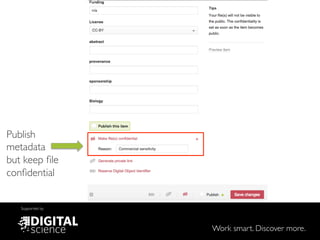 Work smart. Discover more.
Supported by
Publish
metadata !
but keep ﬁle
conﬁdential
 