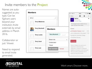 Work smart. Discover more.
Supported by
Invite members to the Project
Names are auto-
suggested as you
type. Can be
ﬁgshare users
beyond your
institution. Invite
externals by email
address in March
2016.!
!
Collaborator or
just Viewer.!
!
Need to respond
to email invite
generated.
 