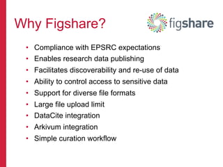 •  Compliance with EPSRC expectations
•  Enables research data publishing
•  Facilitates discoverability and re-use of data
•  Ability to control access to sensitive data
•  Support for diverse file formats
•  Large file upload limit
•  DataCite integration
•  Arkivum integration
•  Simple curation workflow
Why Figshare?
 