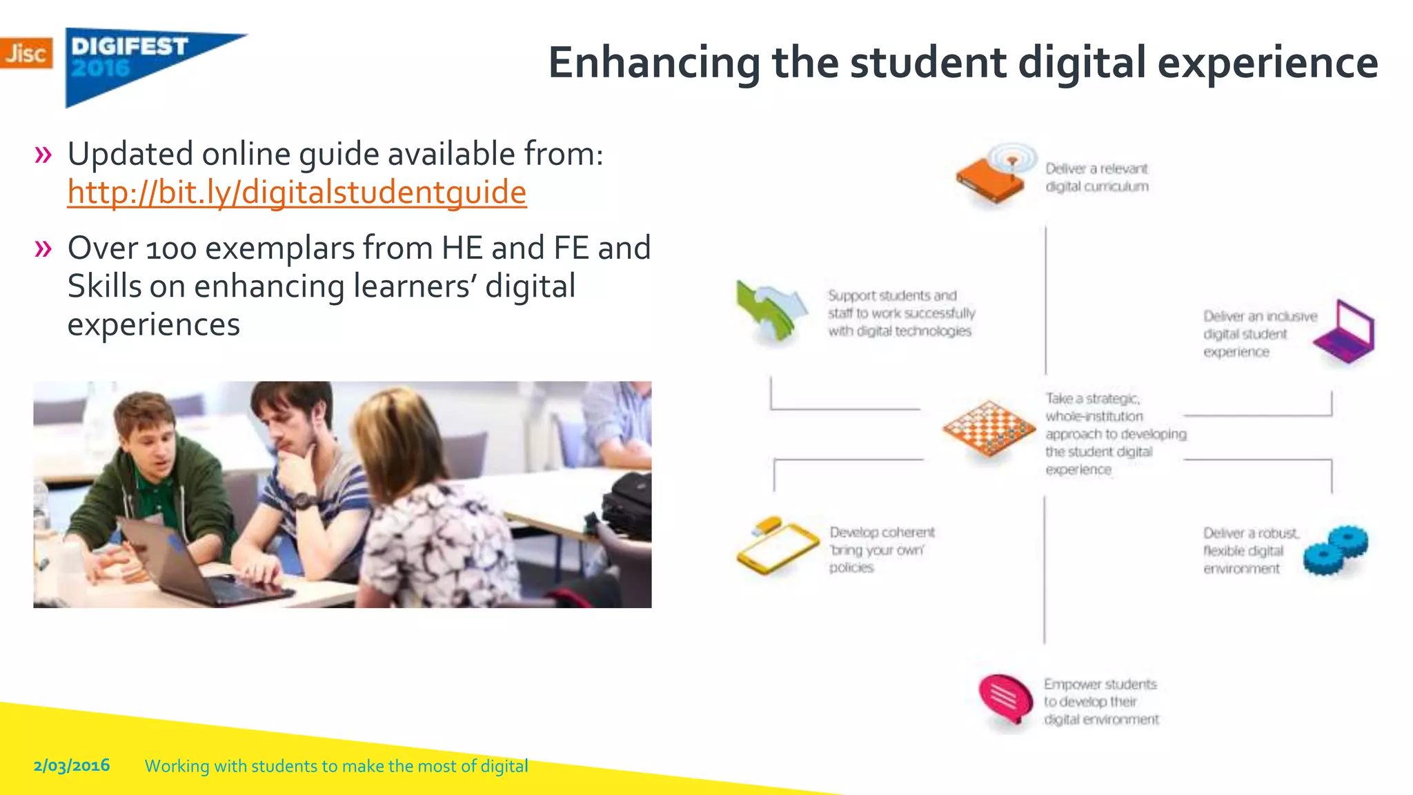 Enhancing the student digital experience
» Updated online guide available from:
http://bit.ly/digitalstudentguide
» Over 100 exemplars from HE and FE and
Skills on enhancing learners’ digital
experiences
2/03/2016 Working with students to make the most of digital
 