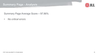 © 2017 Jones Lang LaSalle IP, Inc. All rights reserved. 28
Summary Page - Analysis
Summary Page Average Score – 97.86%
• No critical errors
 