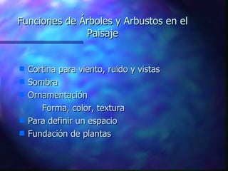 Funciones de Árboles y Arbustos en el Paisaje Cortina para viento, ruido y vistas Sombra Ornamentación Forma, color, textura Para definir un espacio Fundación de plantas 