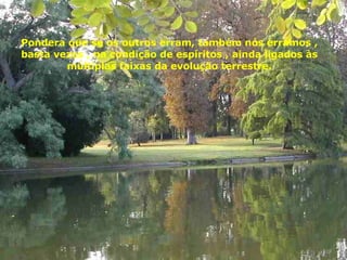 Pondera que se os outros erram, também nós erramos , basta vezes , na condição de espíritos , ainda ligados às múltiplas faixas da evolução terrestre. 