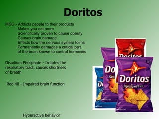 Doritos MSG - Addicts people to their products Makes you eat more  Scientifically proven to cause obesity Causes brain damage Effects how the nervous system forms  Permanently damages a critical part  of the brain known to control hormones Disodium Phosphate - Irritates the respiratory tract, causes shortness of breath Red 40 - Impaired brain function  Hyperactive behavior  Difficulty focusing  Lack of impulse control  ADHD 