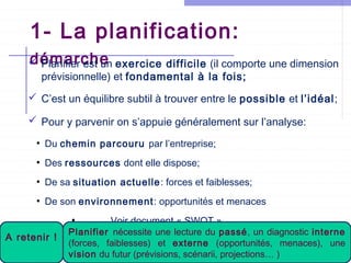 1- La planification:
démarche
 Planifier est un exercice difficile (il comporte une dimension
prévisionnelle) et fondamental à la fois;
 C’est un équilibre subtil à trouver entre le possible et l’idéal;
 Pour y parvenir on s’appuie généralement sur l’analyse:
●

Du chemin parcouru par l’entreprise;

●

Des ressources dont elle dispose;

●

De sa situation actuelle : forces et faiblesses;

●

De son environnement: opportunités et menaces
●

A retenir !

Voir document « SWOT »

Planifier nécessite une lecture du passé, un diagnostic interne
(forces, faiblesses) et externe (opportunités, menaces), une
Université de La Mannouba – ISCAE 2012-13
vision du futur (prévisions, scénarii, projections… )

 