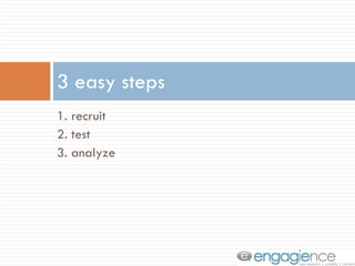 1. recruit 2. test 3. analyze 3 easy steps 