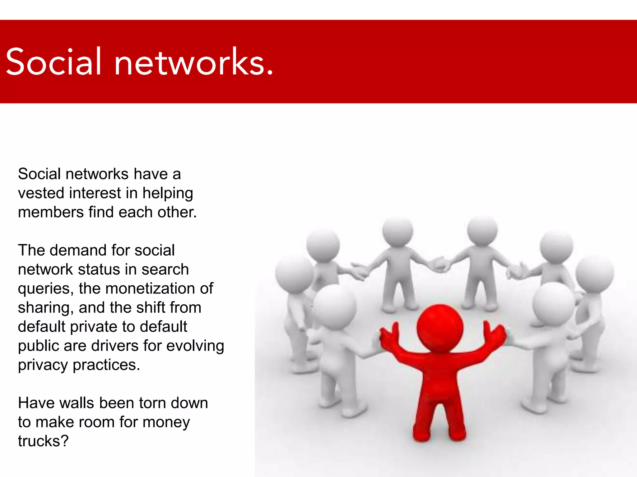 Social NetworksSocial networks.Social networks have a vested interest in helping members find each other. The demand for social network status in search queries, the monetization of sharing, and the shift from default private to default public are drivers for evolving privacy practices. Have walls been torn down to make room for money trucks?