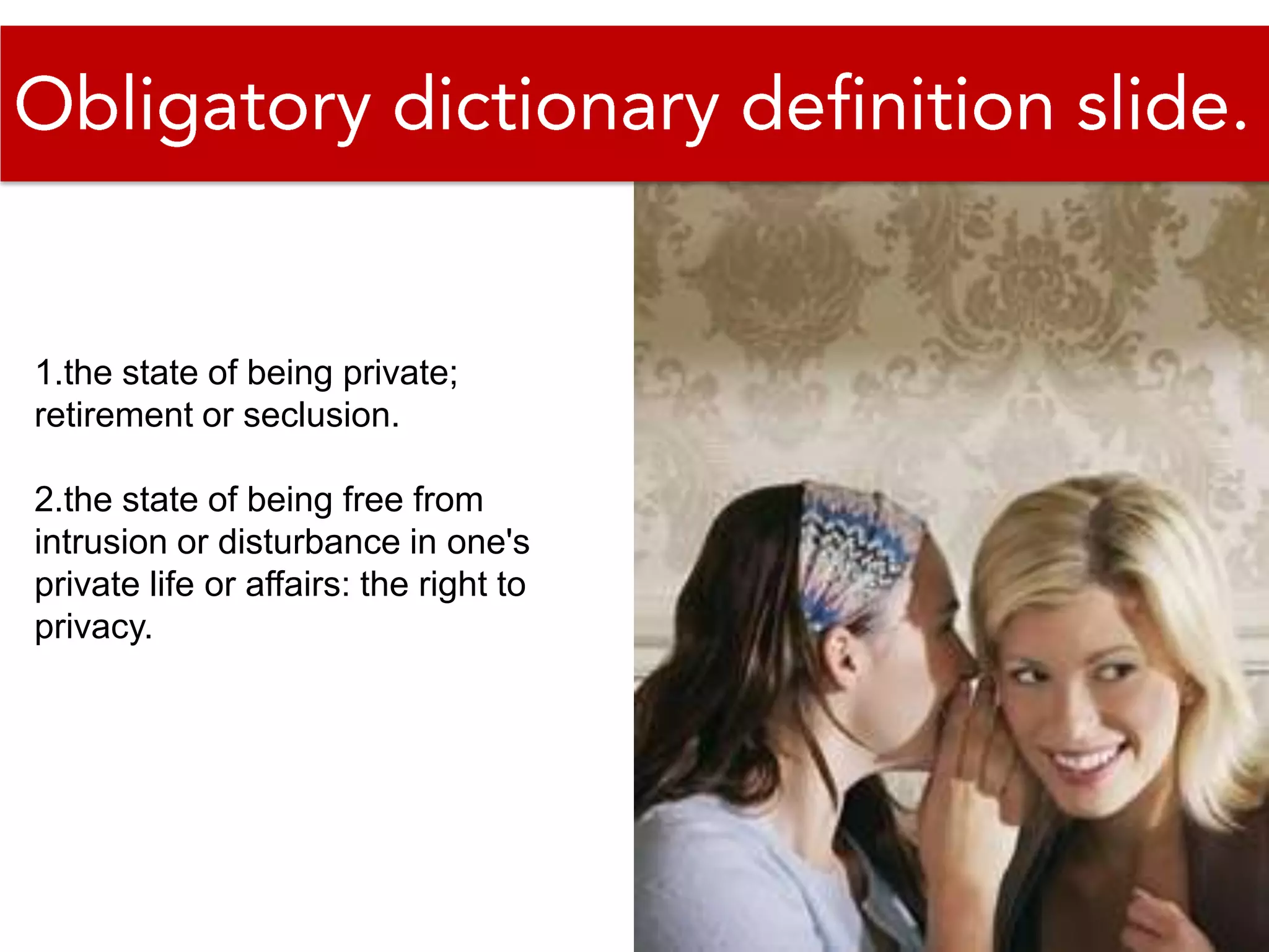 Obligatory dictionary definition slide.1.the state of being private; retirement or seclusion.2.the state of being free from intrusion or disturbance in one&apos;s private life or affairs: the right to privacy. 