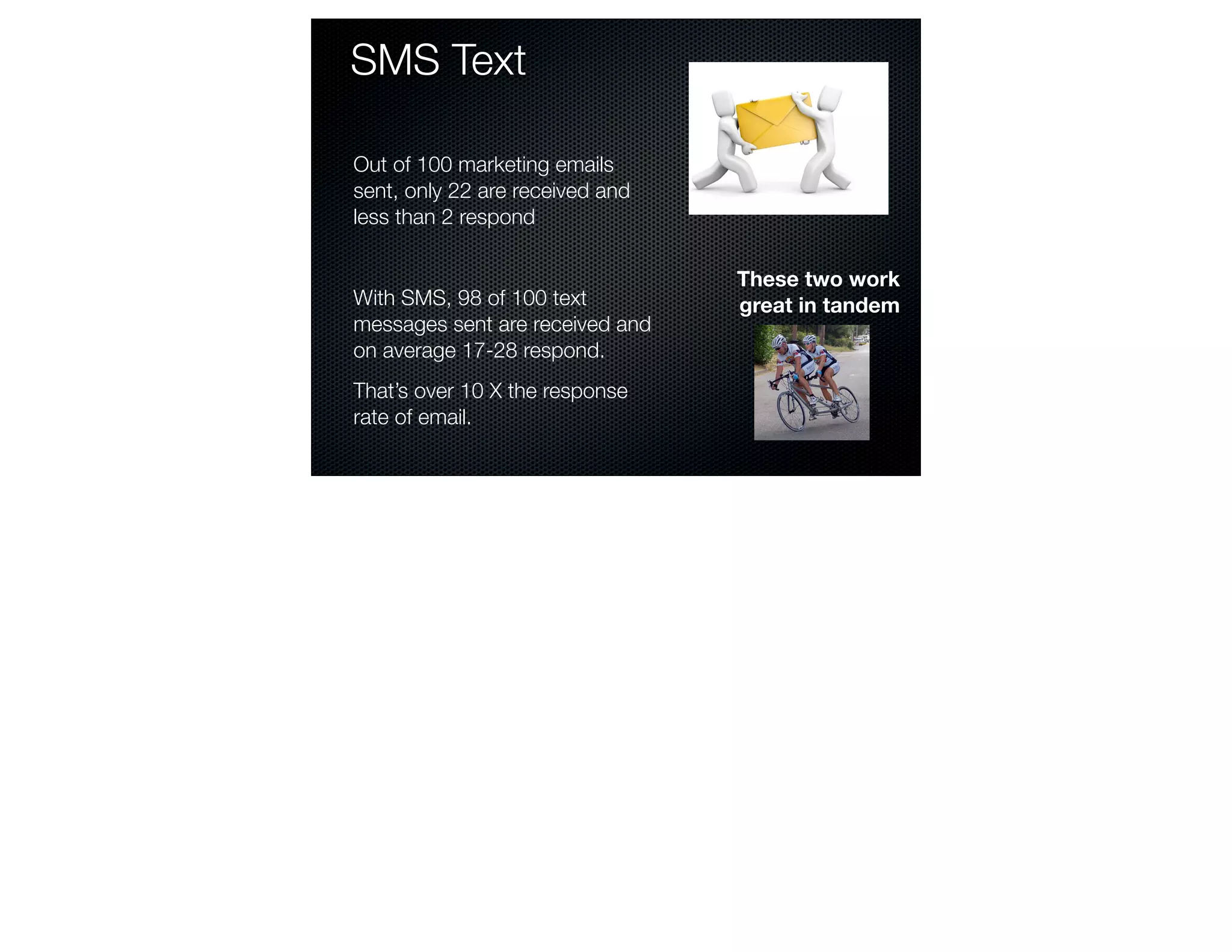 SMS Text

Out of 100 marketing emails
sent, only 22 are received and
less than 2 respond

                                 These two work
With SMS, 98 of 100 text         great in tandem
messages sent are received and
on average 17-28 respond.
That’s over 10 X the response
rate of email.
 