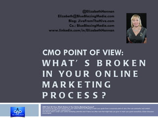 CMO POINT OF VIEW:  WHAT’S BROKEN IN YOUR ONLINE MARKETING PROCESS? CMO Point Of View: What’s Broken In Your Online Marketing Process? Lets explore the top seven reasons why your online efforts are failing to meet your goals from a corporate point of view. How can community and content development benefit your organization? Lets discuss what is under your online marketing umbrella and if there are other tools that might help you grow to meet your goals successfully. (Open discussion encouraged) @ElizabethHannan [email_address] Blog: JiveFromTheHive.com Co.: BlueBlazingMedia.com www.linkedin.com/in/ElizabethHannan 