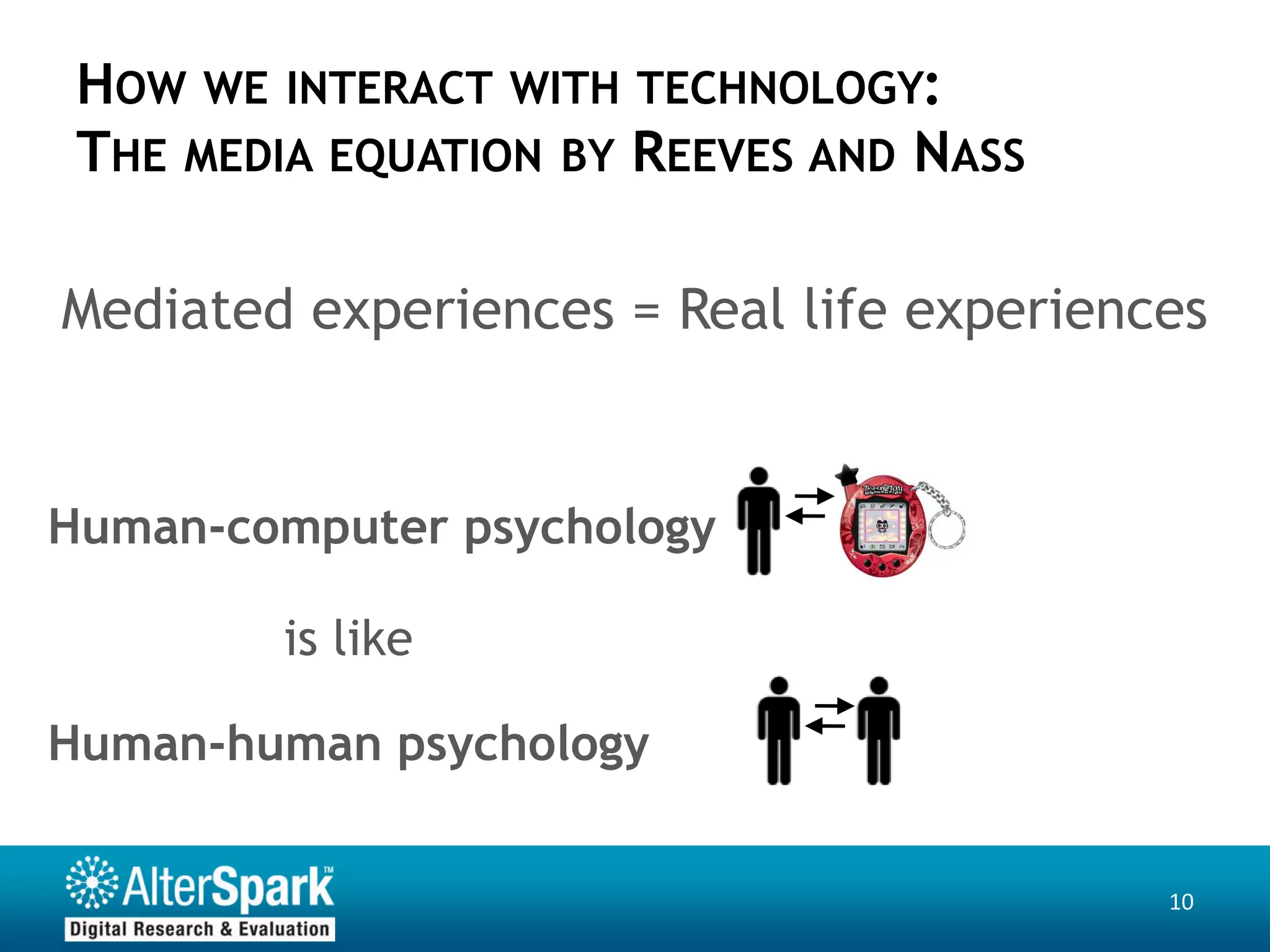 HOW WE INTERACT WITH TECHNOLOGY:
 THE MEDIA EQUATION BY REEVES AND NASS

Mediated experiences = Real life experiences


Human-computer psychology

         is like

Human-human psychology


                                          10
 