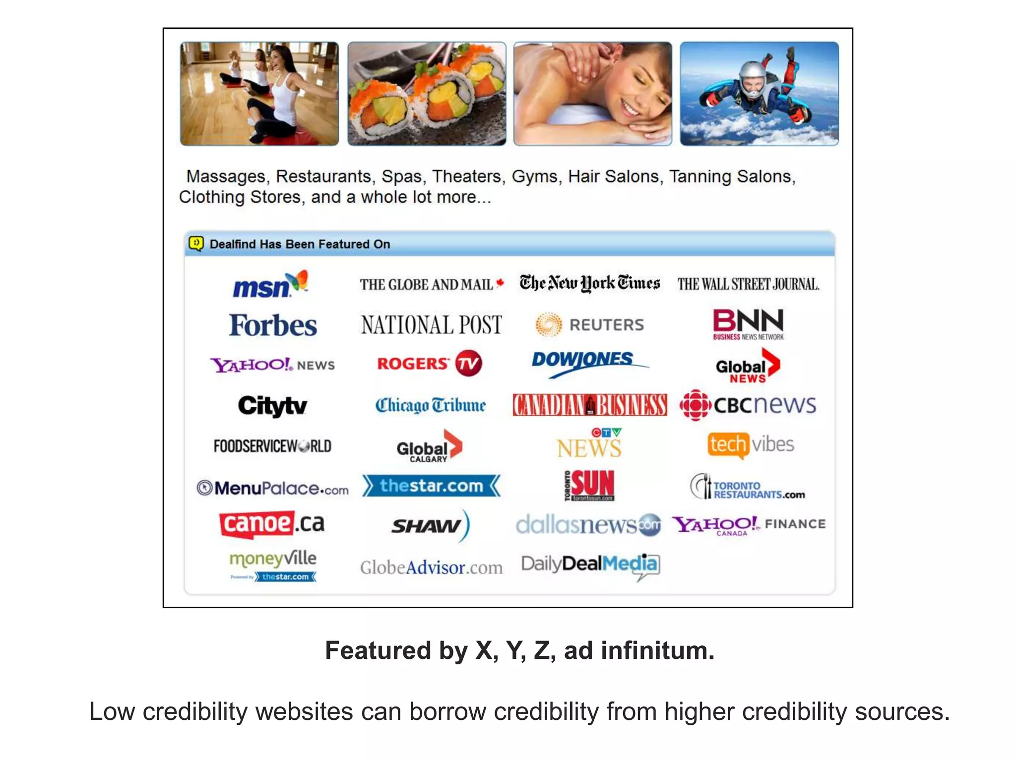 Featured by X, Y, Z, ad infinitum.

Low credibility websites can borrow credibility from higher credibility sources.
     30
 