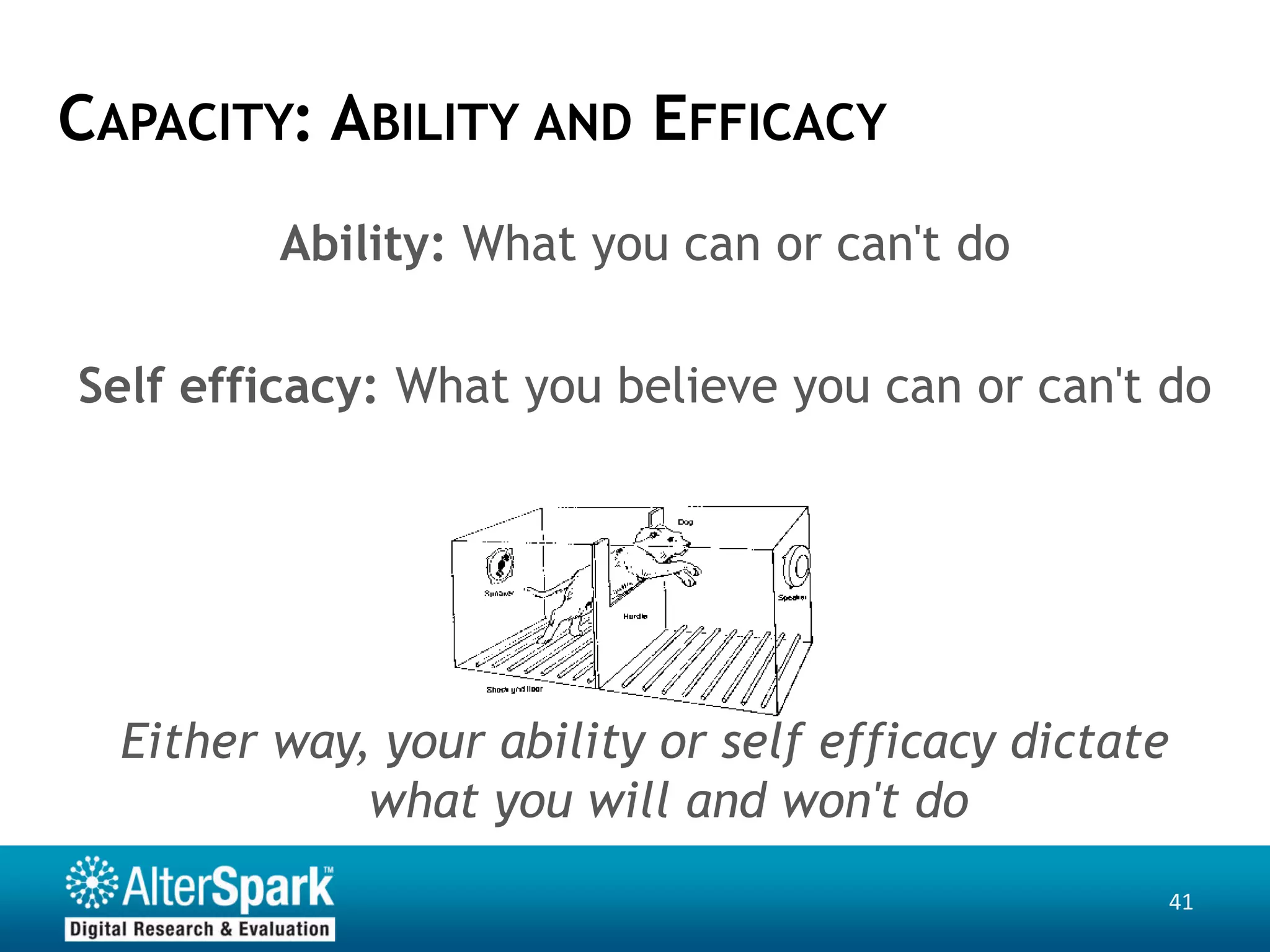 CAPACITY: ABILITY AND EFFICACY
         Ability: What you can or can't do

Self efficacy: What you believe you can or can't do




  Either way, your ability or self efficacy dictate
             what you will and won't do
                                                  41
 