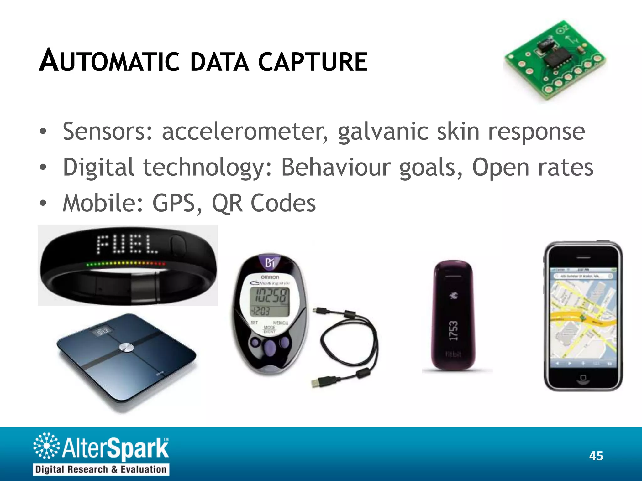 AUTOMATIC DATA CAPTURE

• Sensors: accelerometer, galvanic skin response
• Digital technology: Behaviour goals, Open rates
• Mobile: GPS, QR Codes




                                                45
 