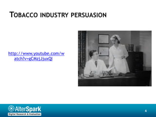 TOBACCO INDUSTRY PERSUASION



http://www.youtube.com/w
   atch?v=gCMzjJjuxQI




                              4
 