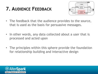 7. AUDIENCE FEEDBACK

• The feedback that the audience provides to the source,
  that is used as the basis for persuasive messages.

• In other words, any data collected about a user that is
  processed and acted upon

• The principles within this sphere provide the foundation
  for relationship building and interactive design
 