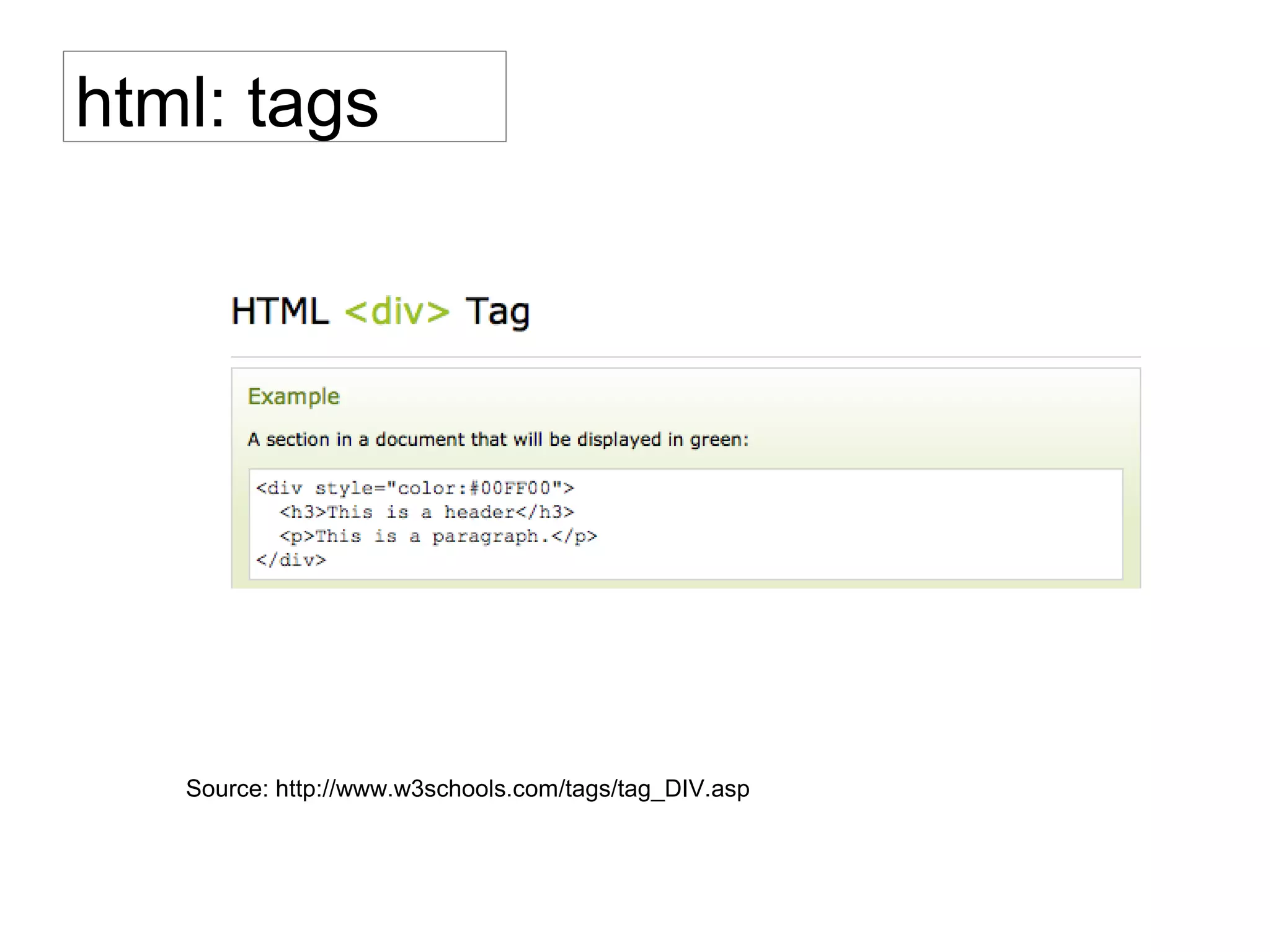 Source: http://www.w3schools.com/tags/tag_DIV.asp
html: tags
 