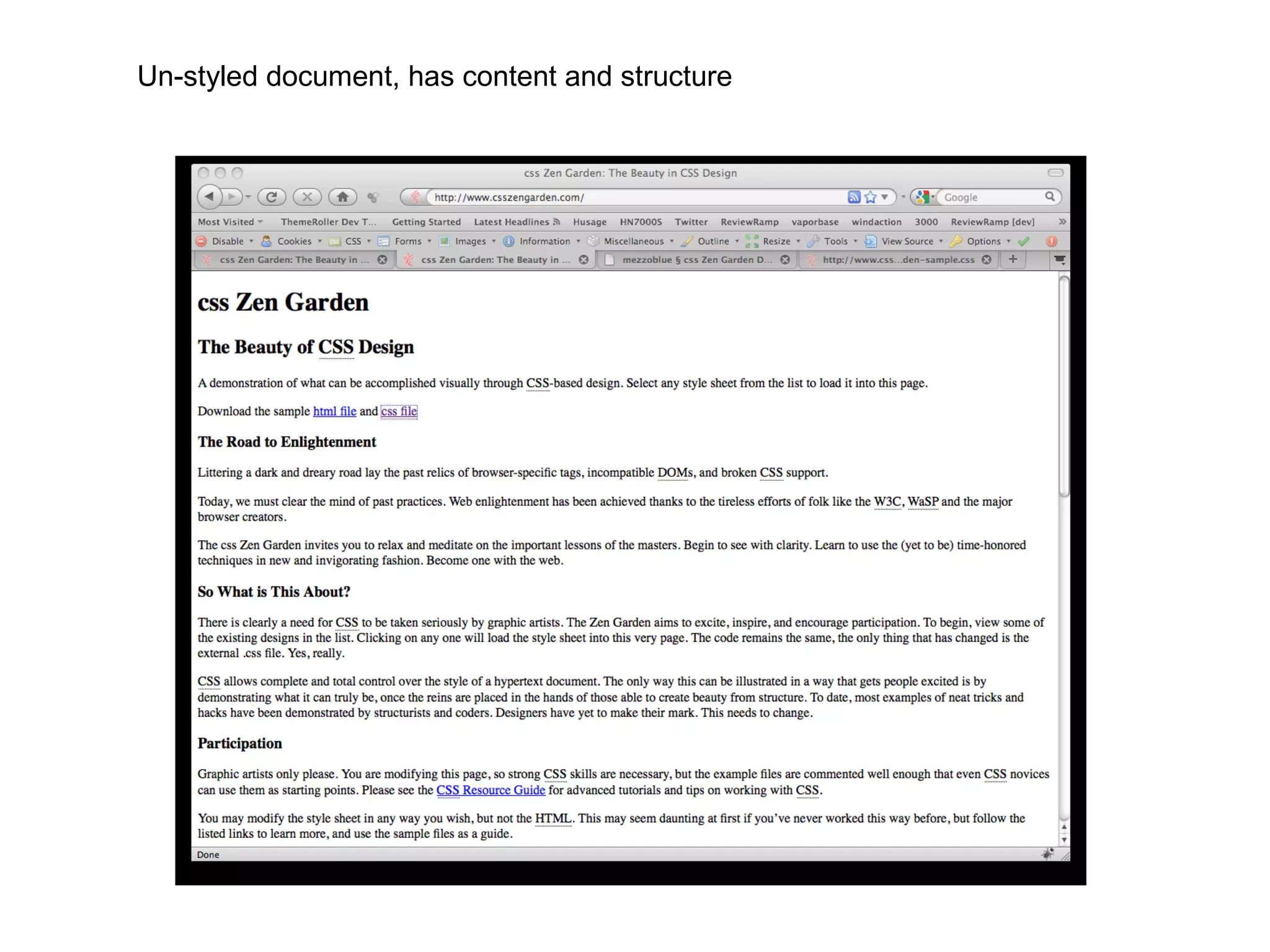 Un-styled document, has content and structure
 
