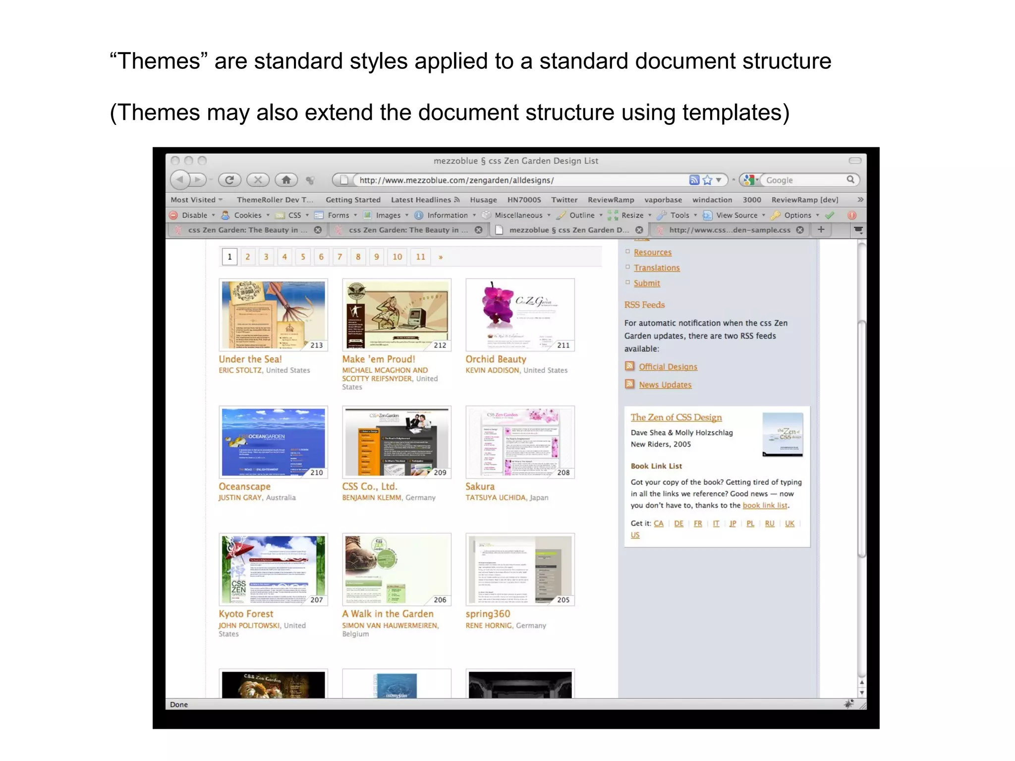 “Themes” are standard styles applied to a standard document structure
(Themes may also extend the document structure using templates)
 