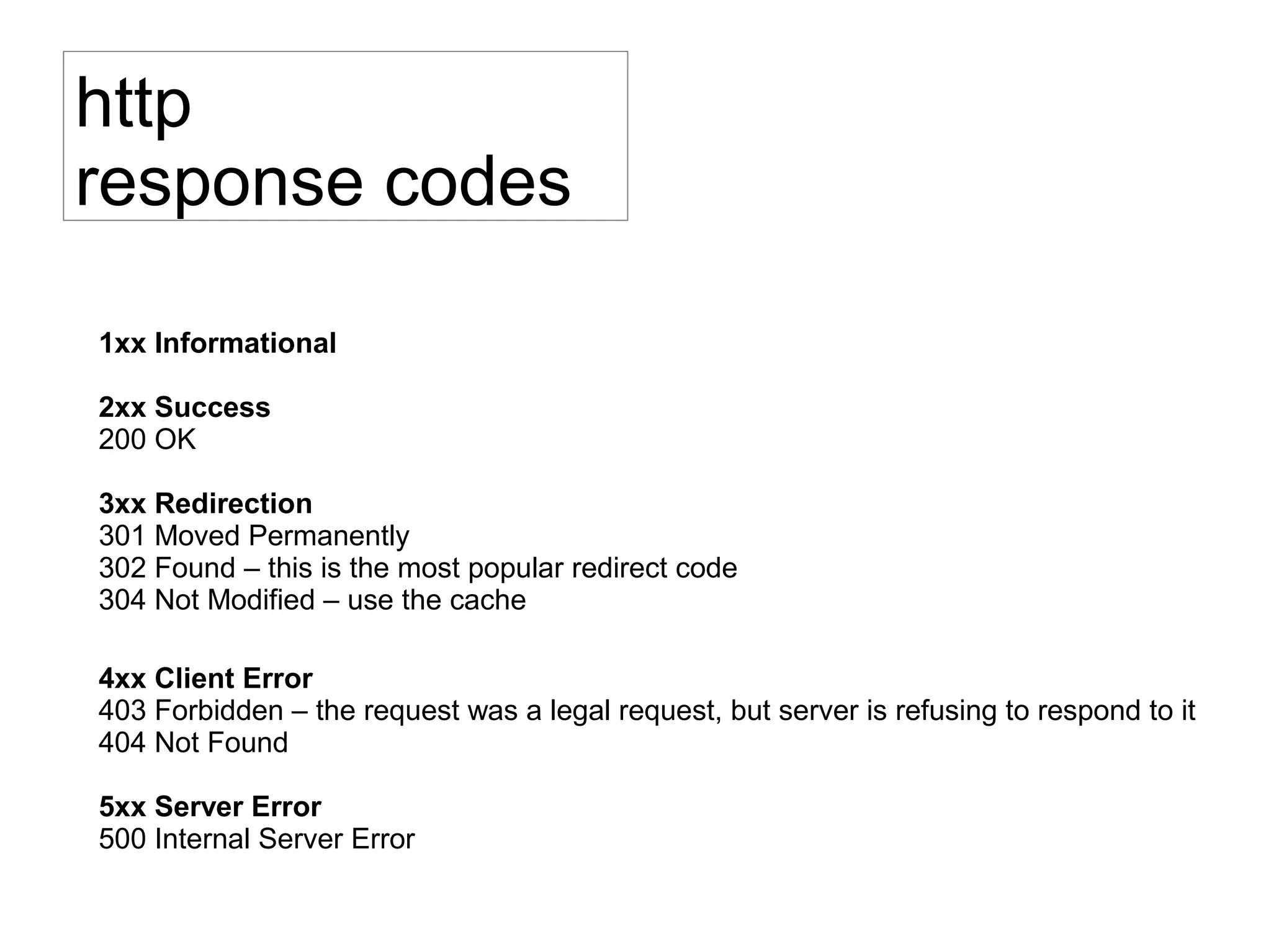 1xx Informational
2xx Success
200 OK
3xx Redirection
301 Moved Permanently
302 Found – this is the most popular redirect code
304 Not Modified – use the cache
4xx Client Error
403 Forbidden – the request was a legal request, but server is refusing to respond to it
404 Not Found
5xx Server Error
500 Internal Server Error
http
response codes
 