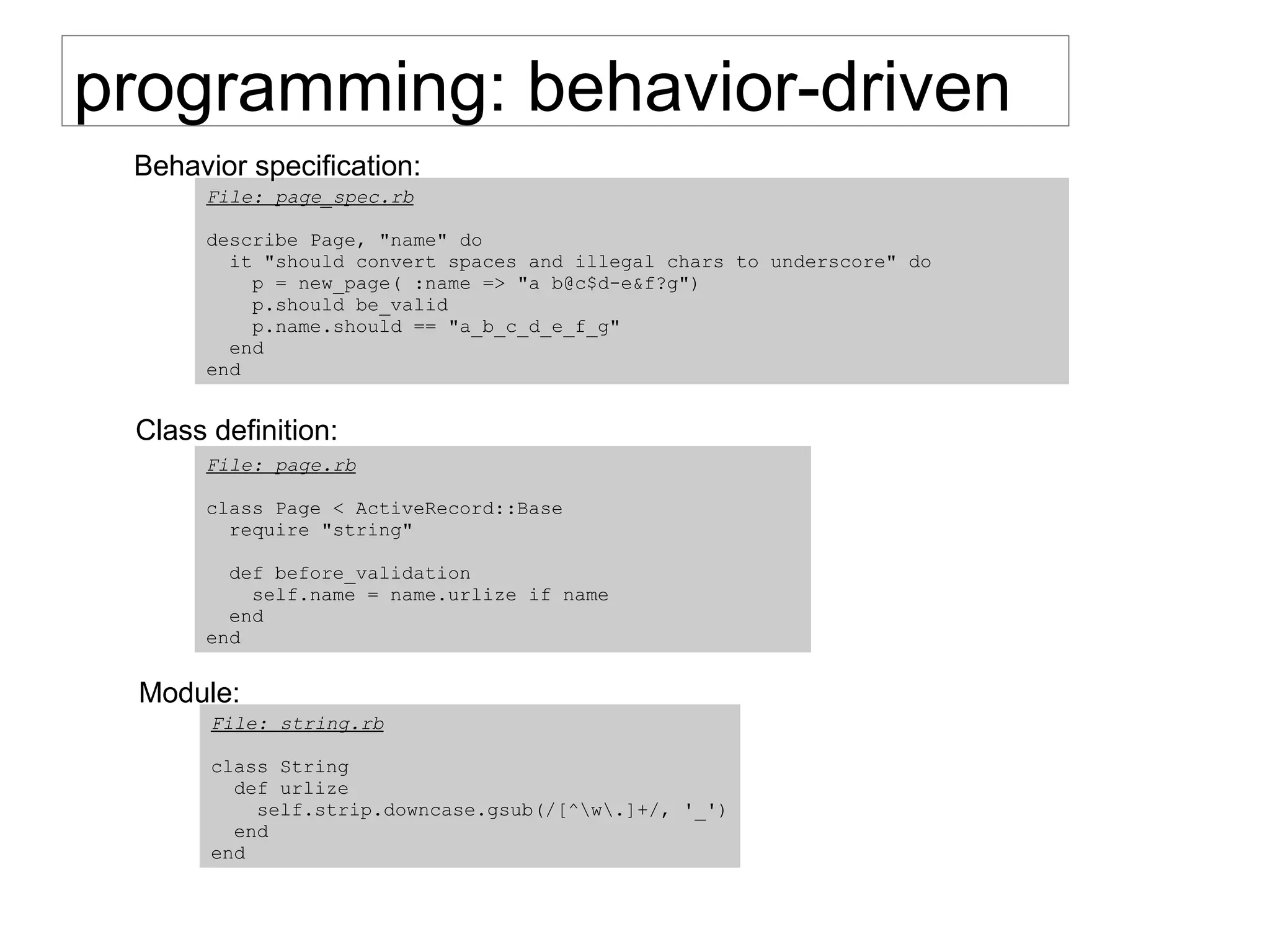 File: page_spec.rb
describe Page, "name" do
it "should convert spaces and illegal chars to underscore" do
p = new_page( :name => "a b@c$d-e&f?g")
p.should be_valid
p.name.should == "a_b_c_d_e_f_g"
end
end
Behavior specification:
File: page.rb
class Page < ActiveRecord::Base
require "string"
def before_validation
self.name = name.urlize if name
end
end
Class definition:
File: string.rb
class String
def urlize
self.strip.downcase.gsub(/[^w.]+/, '_')
end
end
programming: behavior-driven
Module:
 