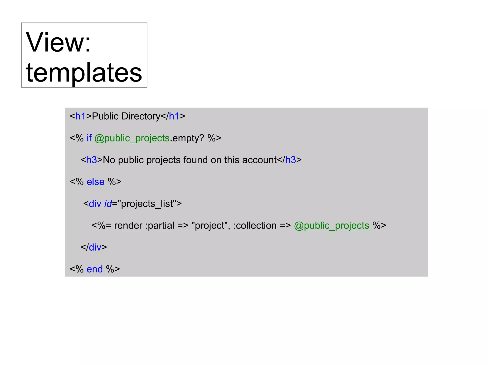 <h1>Public Directory</h1>
<% if @public_projects.empty? %>
<h3>No public projects found on this account</h3>
<% else %>
<div id="projects_list">
<%= render :partial => "project", :collection => @public_projects %>
</div>
<% end %>
View:
templates
 
