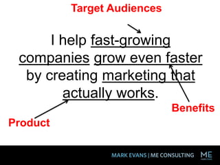 I help fast-growing
companies grow even faster
by creating marketing that
actually works.
Target Audiences
Benefits
Product
 