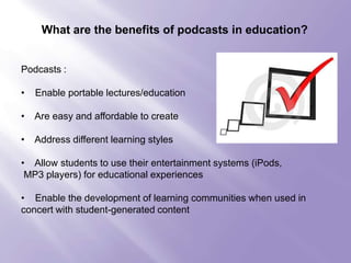  A way to publish your podcastRecording and Editing your PodcastYou can record your podcast either at once or in segments. You can use free, open-source software such as Audacity (audacity.sourceforge.net/) to record your podcast, and edit it as you see fit. 