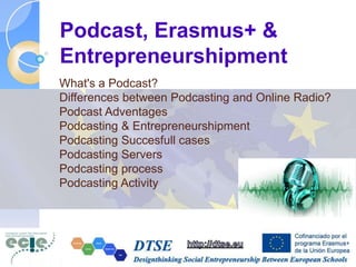Podcast, Erasmus+ &
Entrepreneurshipment
What's a Podcast?
Differences between Podcasting and Online Radio?
Podcast Adventages
Podcasting & Entrepreneurshipment
Podcasting Succesfull cases
Podcasting Servers
Podcasting process
Podcasting Activity
 