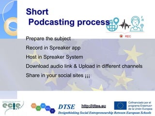 Short
Podcasting process
Prepare the subject
Record in Spreaker app
Host in Spreaker System
Download audio link & Upload in different channels
Share in your social sites ¡¡¡
 