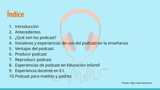 Índice
1. Introducción
2. Antecedentes
3. ¿Qué son los podcast?
4. Iniciativas y experiencias de uso del podcast en la enseñanza
5. Ventajas del podcast.
6. Producir podcast
7. Reproducir podcast
8. Experiencias de podcast en Educación Infantil
9. Experiencia docente en E.I.
10.Podcast para madres y padres
Fuente: https://www.wired.com
 