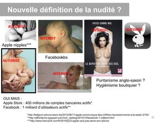 Nouvelle définition de la nudité ?
AUTORISÉ
INTERDIT
INTERDIT
INTERDIT
AUTORISÉ
Apple nipples***
Facebookbs
Puritanisme anglo-saxon ?
Hygiènisme boutiquier ?
OUI MAIS :
Apple Store : 400 millions de comptes bancaires actifs*
Facebook : 1 milliard d’utilisateurs actifs**
*http://belgium-iphone.lesoir.be/2012/06/11/apple-communique-des-chiffres-impressionnants-a-la-wwdc-2102/
**http://affordance.typepad.com/mon_weblog/2012/10/facebook-1-milliard.html
***http://www.france24.com/fr/20100223-apple-veut-pas-seins-son-iphone
20
AUTORISÉ
 
