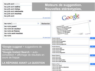 Moteurs de suggestion.
Nouvelles stéréotypies.
22
*Google suggest > suggestions de
recherche
*Google Instant Search > auto-
complétion + affichage de résultats en
cours de frappe
LA RÉPONSE AVANT LA QUESTION
 