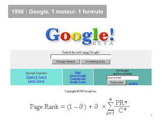 1998 : Google. 1 moteur. 1 formule
8
 