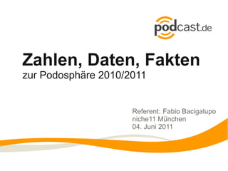 Zahlen, Daten, Fakten
zur Podosphäre 2010/2011


                     Referent: Fabio Bacigalupo
                     niche11 München
                     04. Juni 2011
 
