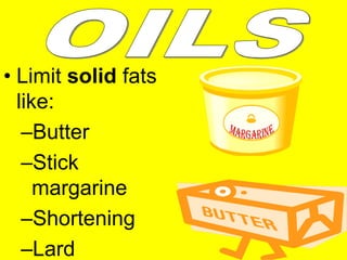 • Limit solid fats
  like:
   –Butter
   –Stick
     margarine
   –Shortening
   –Lard
 