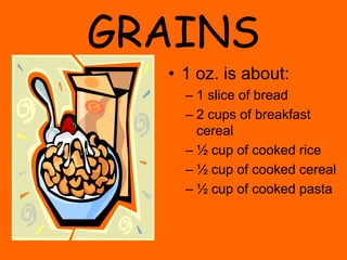 GRAINS
  • 1 oz. is about:
    – 1 slice of bread
    – 2 cups of breakfast
      cereal
    – ½ cup of cooked rice
    – ½ cup of cooked cereal
    – ½ cup of cooked pasta
 