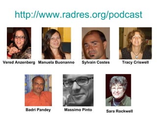 http:// www.radres.org /podcast Vered Anzenberg Manuela Buonanno Tracy Criswell Badri Pandey Massimo Pinto Sylvain Costes Sara Rockwell 