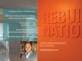 FOUNDED REBUILD NATION IN 2012
OVER EIGHT YEARS EXPERIENCE WORKING
WITHIN THE HEALTHCARE INDUSTRY
OUR CLIENTS RECEIVE
AN AVERAGE 4:1ROI
SPEAKER AND AUTHOR OF
HEALTHCARE MARKETING STRATEGIES
HAPPIEST WHEN OUR CLIENTS GROW
JOSH GERSHONOWICZ
CEO, FOUNDER
rebuildnation.com
 