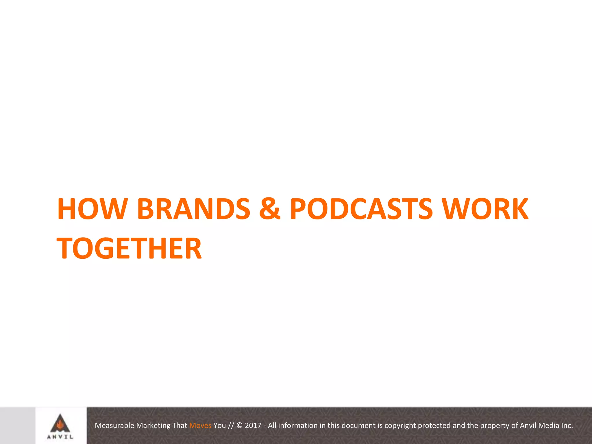 Measurable Marketing That Moves You // © 2017 - All information in this document is copyright protected and the property of Anvil Media Inc.
Auditing your Social
Presence
HOW BRANDS & PODCASTS WORK
TOGETHER
 