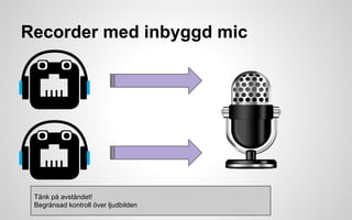 Recorder med inbyggd mic 
Tänk på avståndet! 
Begränsad kontroll över ljudbilden 
 