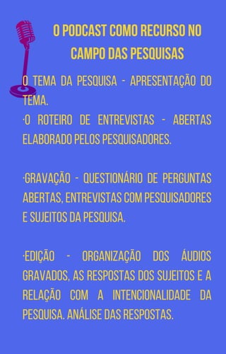 O podcast como recurso no
campo das pesquisas
O tema da pesquisa - Apresentação do
tema.
·O Roteiro de entrevistas - abertas
elaborado pelos pesquisadores.
·Gravação - Questionário de perguntas
abertas, entrevistas com pesquisadores
e sujeitos da pesquisa.
·Edição - Organização dos áudios
gravados, as respostas dos sujeitos e a
relação com a intencionalidade da
pesquisa. Análise das respostas.
 