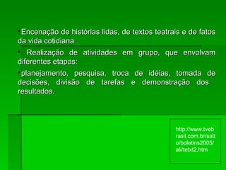 
Encenação de histórias lidas, de textos teatrais e de fatosEncenação de histórias lidas, de textos teatrais e de fatos
da vida cotidianada vida cotidiana

Realização de atividades em grupo, que envolvamRealização de atividades em grupo, que envolvam
diferentes etapas:diferentes etapas:

planejamento, pesquisa, troca de idéias, tomada deplanejamento, pesquisa, troca de idéias, tomada de
decisões, divisão de tarefas e demonstração dosdecisões, divisão de tarefas e demonstração dos
resultados.resultados.
http://www.tveb
rasil.com.br/salt
o/boletins2005/
ali/tetxt2.htm
 