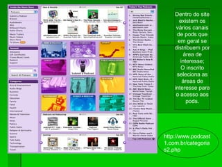 Dentro do site
existem os
vários canais
de pods que
em geral se
distribuem por
área de
interesse;
O inscrito
seleciona as
áreas de
interesse para
o acesso aos
pods.
http://www.podcast
1.com.br/categoria
s2.php
 