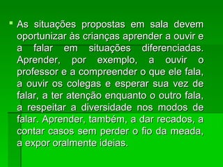  As situações propostas em sala devemAs situações propostas em sala devem
oportunizar às crianças aprender a ouvir eoportunizar às crianças aprender a ouvir e
a falar em situações diferenciadas.a falar em situações diferenciadas.
Aprender, por exemplo, a ouvir oAprender, por exemplo, a ouvir o
professor e a compreender o que ele fala,professor e a compreender o que ele fala,
a ouvir os colegas e esperar sua vez dea ouvir os colegas e esperar sua vez de
falar, a ter atenção enquanto o outro fala,falar, a ter atenção enquanto o outro fala,
a respeitar a diversidade nos modos dea respeitar a diversidade nos modos de
falar. Aprender, também, a dar recados, afalar. Aprender, também, a dar recados, a
contar casos sem perder o fio da meada,contar casos sem perder o fio da meada,
a expor oralmente ideias.a expor oralmente ideias.
 