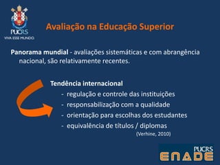Avaliação na Educação SuperiorPanorama mundial - avaliações sistemáticas e com abrangência nacional, são relativamente recentes. Tendência internacionalregulação e controle das instituições