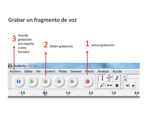 Grabar un fragmento de voz
1 activa grabación2 Detén grabación
3
Guarda
grabación
y/o exporta
a otro
formato
 