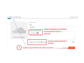 3 Espera a que termine de subir y Guarda
Añade etiquetas para facilitar
la recuperación de tus
archivos
Ajusta la privacidad de tu
archivo
 